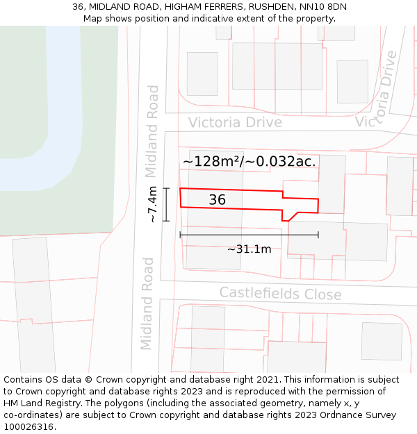 36, MIDLAND ROAD, HIGHAM FERRERS, RUSHDEN, NN10 8DN: Plot and title map