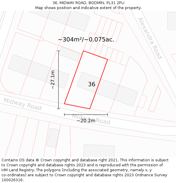 36, MIDWAY ROAD, BODMIN, PL31 2PU: Plot and title map