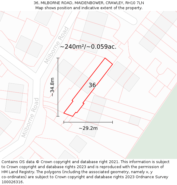 36, MILBORNE ROAD, MAIDENBOWER, CRAWLEY, RH10 7LN: Plot and title map