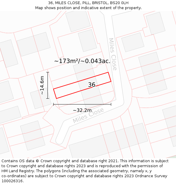 36, MILES CLOSE, PILL, BRISTOL, BS20 0LH: Plot and title map