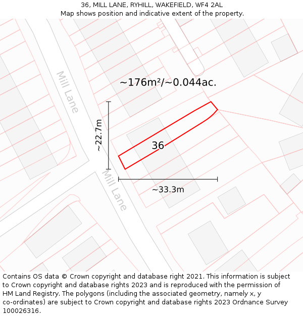 36, MILL LANE, RYHILL, WAKEFIELD, WF4 2AL: Plot and title map