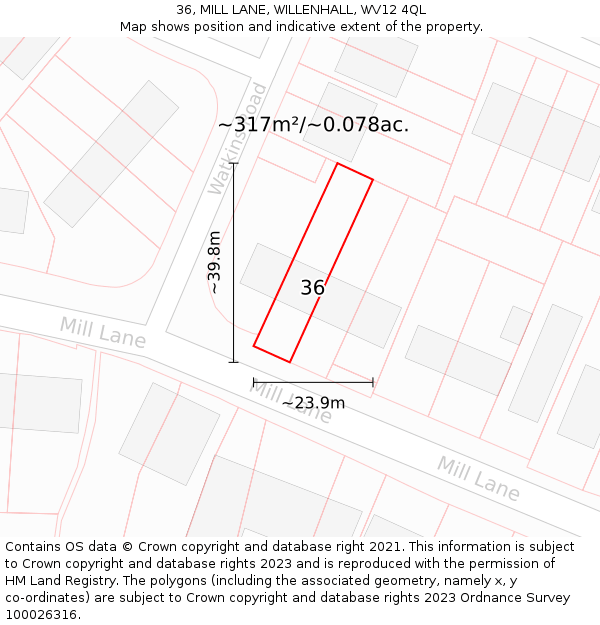 36, MILL LANE, WILLENHALL, WV12 4QL: Plot and title map