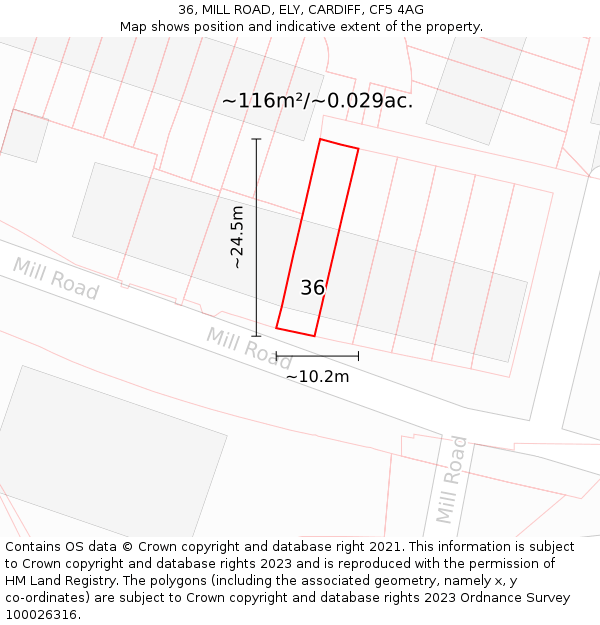 36, MILL ROAD, ELY, CARDIFF, CF5 4AG: Plot and title map