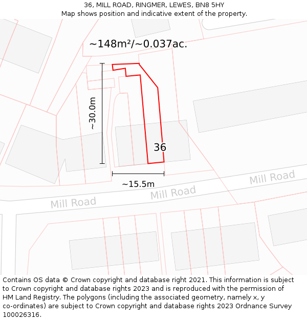 36, MILL ROAD, RINGMER, LEWES, BN8 5HY: Plot and title map