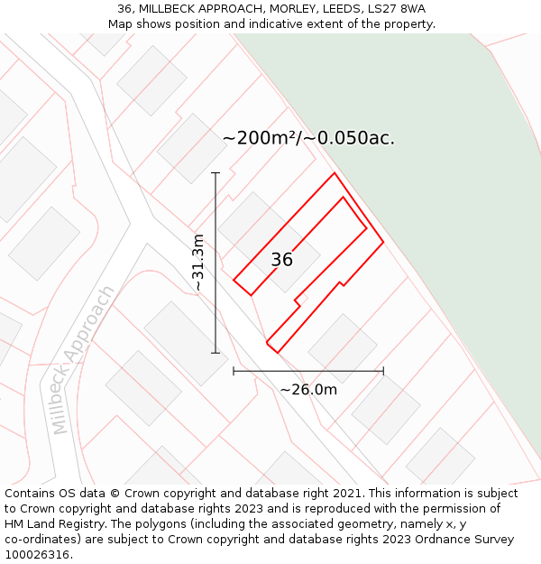 36, MILLBECK APPROACH, MORLEY, LEEDS, LS27 8WA: Plot and title map