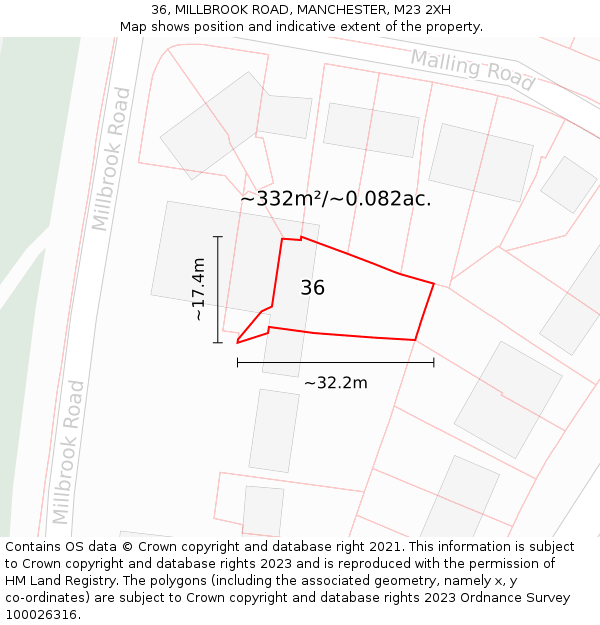 36, MILLBROOK ROAD, MANCHESTER, M23 2XH: Plot and title map