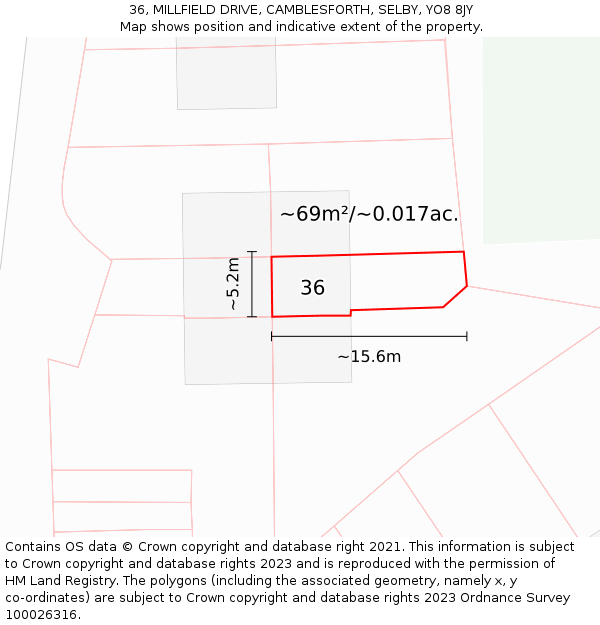 36, MILLFIELD DRIVE, CAMBLESFORTH, SELBY, YO8 8JY: Plot and title map