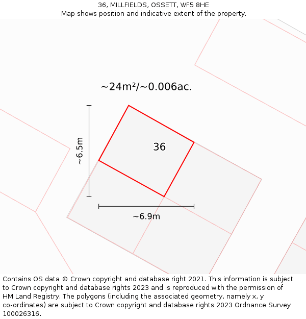 36, MILLFIELDS, OSSETT, WF5 8HE: Plot and title map