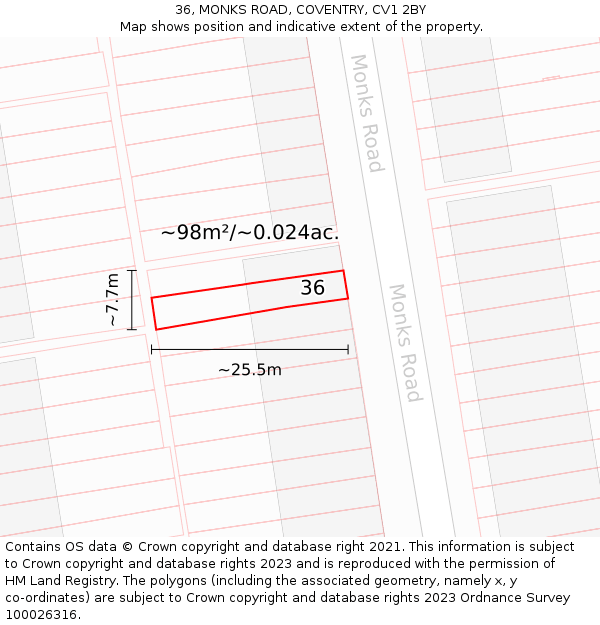 36, MONKS ROAD, COVENTRY, CV1 2BY: Plot and title map