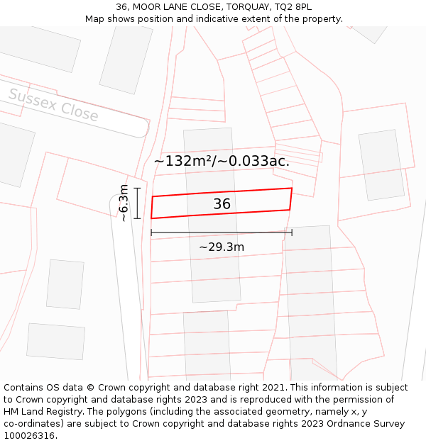 36, MOOR LANE CLOSE, TORQUAY, TQ2 8PL: Plot and title map