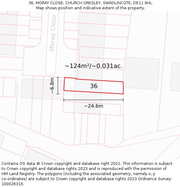 36, MORAY CLOSE, CHURCH GRESLEY, SWADLINCOTE, DE11 9HL: Plot and title map