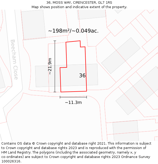 36, MOSS WAY, CIRENCESTER, GL7 1RS: Plot and title map