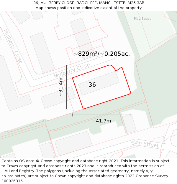 36, MULBERRY CLOSE, RADCLIFFE, MANCHESTER, M26 3AR: Plot and title map