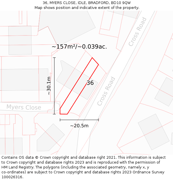 36, MYERS CLOSE, IDLE, BRADFORD, BD10 9QW: Plot and title map