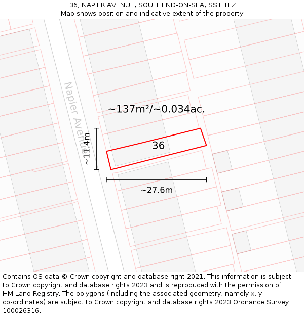 36, NAPIER AVENUE, SOUTHEND-ON-SEA, SS1 1LZ: Plot and title map