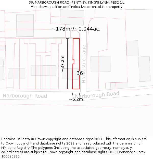 36, NARBOROUGH ROAD, PENTNEY, KING'S LYNN, PE32 1JL: Plot and title map