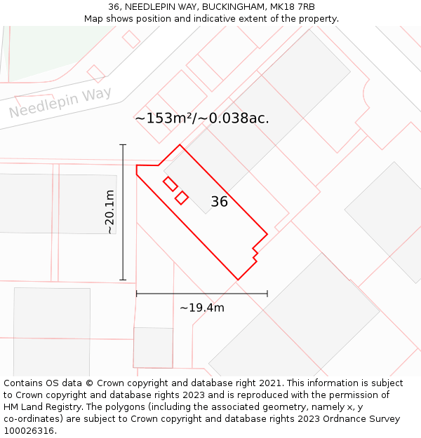 36, NEEDLEPIN WAY, BUCKINGHAM, MK18 7RB: Plot and title map