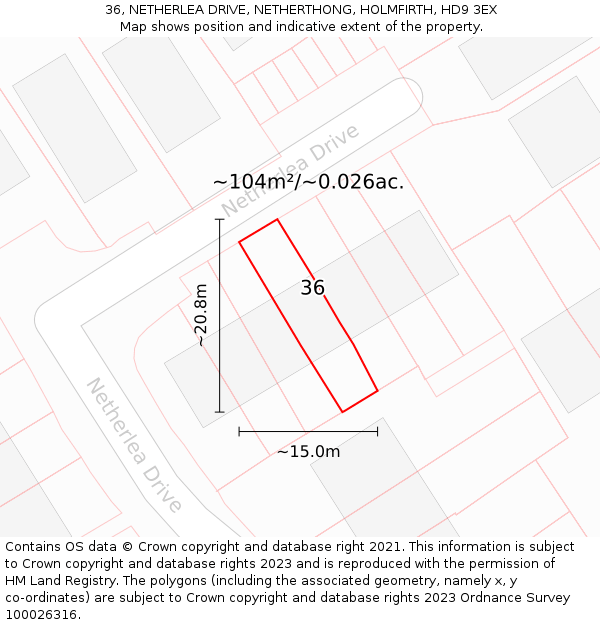 36, NETHERLEA DRIVE, NETHERTHONG, HOLMFIRTH, HD9 3EX: Plot and title map