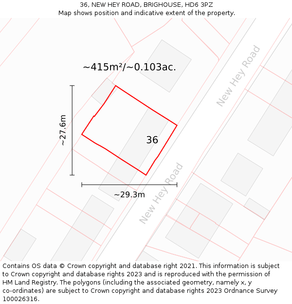 36, NEW HEY ROAD, BRIGHOUSE, HD6 3PZ: Plot and title map