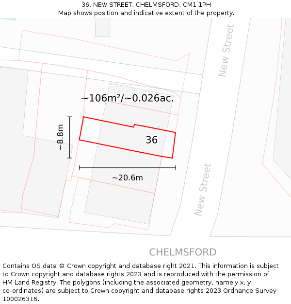 36, NEW STREET, CHELMSFORD, CM1 1PH: Plot and title map