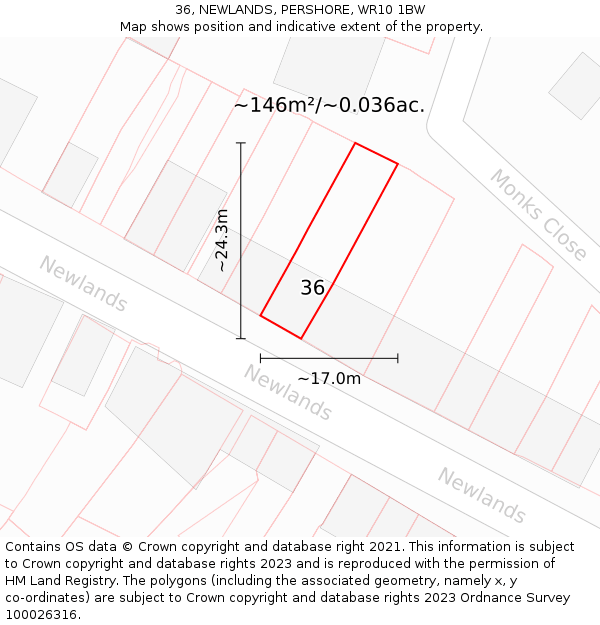 36, NEWLANDS, PERSHORE, WR10 1BW: Plot and title map