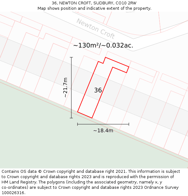 36, NEWTON CROFT, SUDBURY, CO10 2RW: Plot and title map