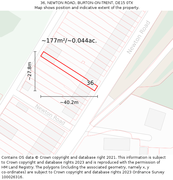 36, NEWTON ROAD, BURTON-ON-TRENT, DE15 0TX: Plot and title map