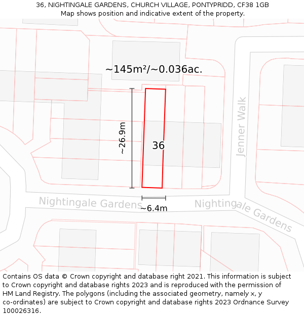 36, NIGHTINGALE GARDENS, CHURCH VILLAGE, PONTYPRIDD, CF38 1GB: Plot and title map