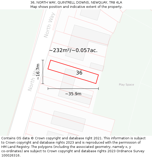 36, NORTH WAY, QUINTRELL DOWNS, NEWQUAY, TR8 4LA: Plot and title map