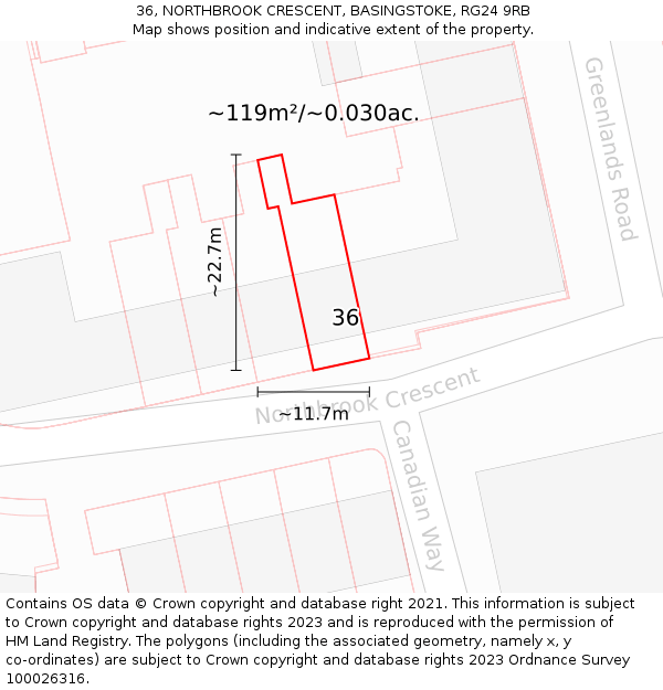 36, NORTHBROOK CRESCENT, BASINGSTOKE, RG24 9RB: Plot and title map