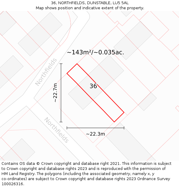 36, NORTHFIELDS, DUNSTABLE, LU5 5AL: Plot and title map