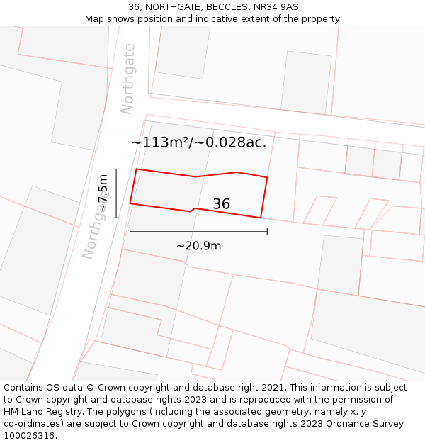 36, NORTHGATE, BECCLES, NR34 9AS: Plot and title map
