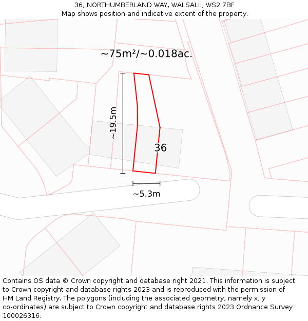 36, NORTHUMBERLAND WAY, WALSALL, WS2 7BF: Plot and title map