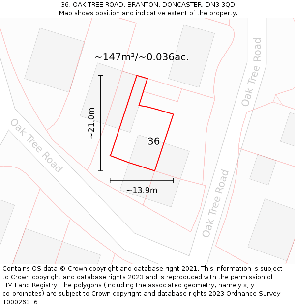 36, OAK TREE ROAD, BRANTON, DONCASTER, DN3 3QD: Plot and title map