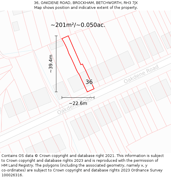 36, OAKDENE ROAD, BROCKHAM, BETCHWORTH, RH3 7JX: Plot and title map