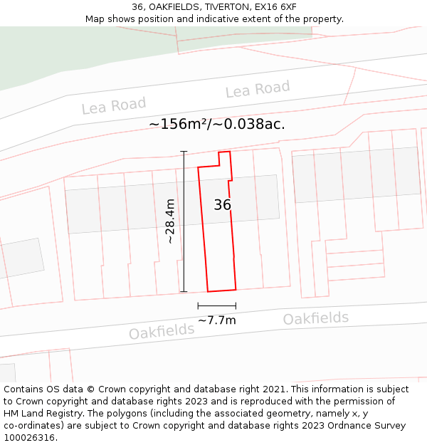 36, OAKFIELDS, TIVERTON, EX16 6XF: Plot and title map