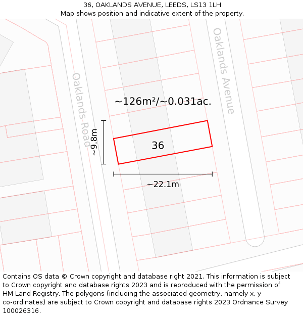 36, OAKLANDS AVENUE, LEEDS, LS13 1LH: Plot and title map