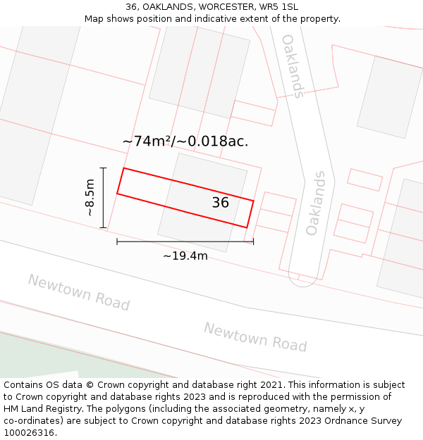 36, OAKLANDS, WORCESTER, WR5 1SL: Plot and title map