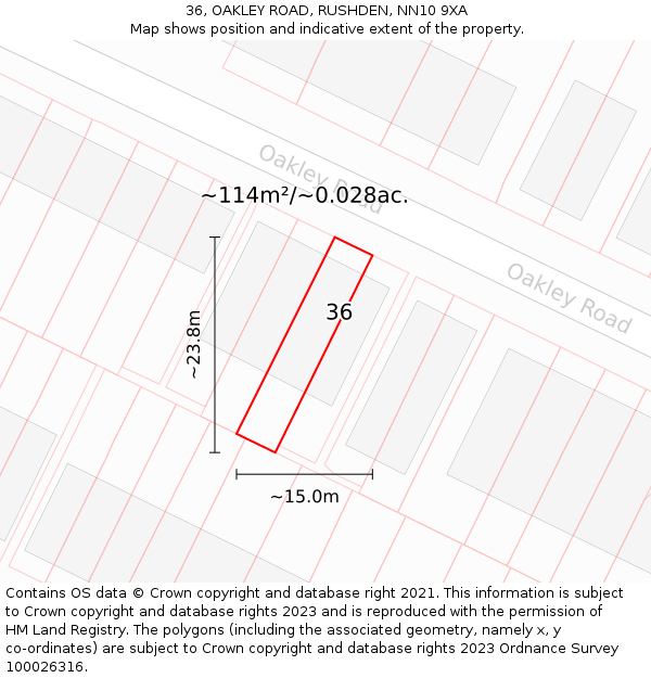 36, OAKLEY ROAD, RUSHDEN, NN10 9XA: Plot and title map