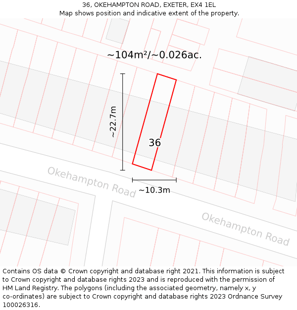 36, OKEHAMPTON ROAD, EXETER, EX4 1EL: Plot and title map