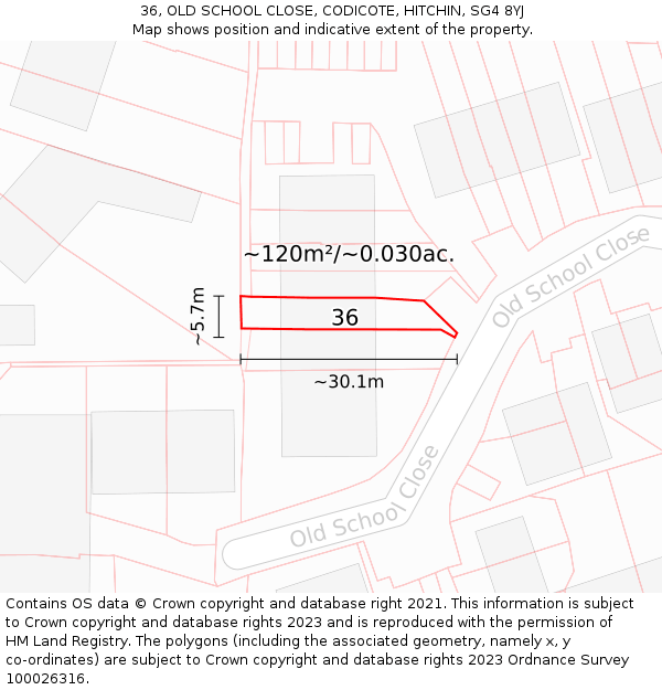 36, OLD SCHOOL CLOSE, CODICOTE, HITCHIN, SG4 8YJ: Plot and title map