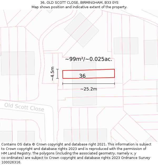 36, OLD SCOTT CLOSE, BIRMINGHAM, B33 0YS: Plot and title map