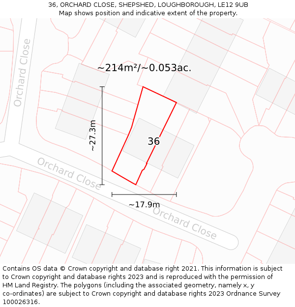 36, ORCHARD CLOSE, SHEPSHED, LOUGHBOROUGH, LE12 9UB: Plot and title map