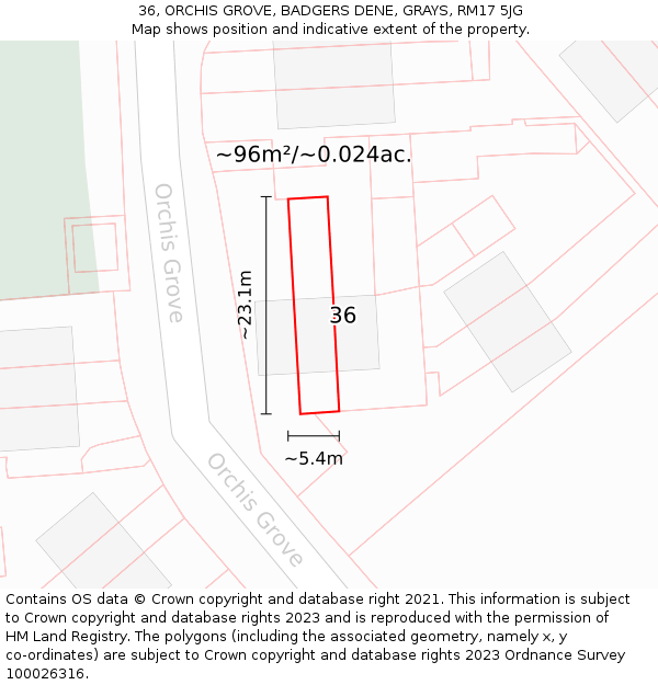 36, ORCHIS GROVE, BADGERS DENE, GRAYS, RM17 5JG: Plot and title map