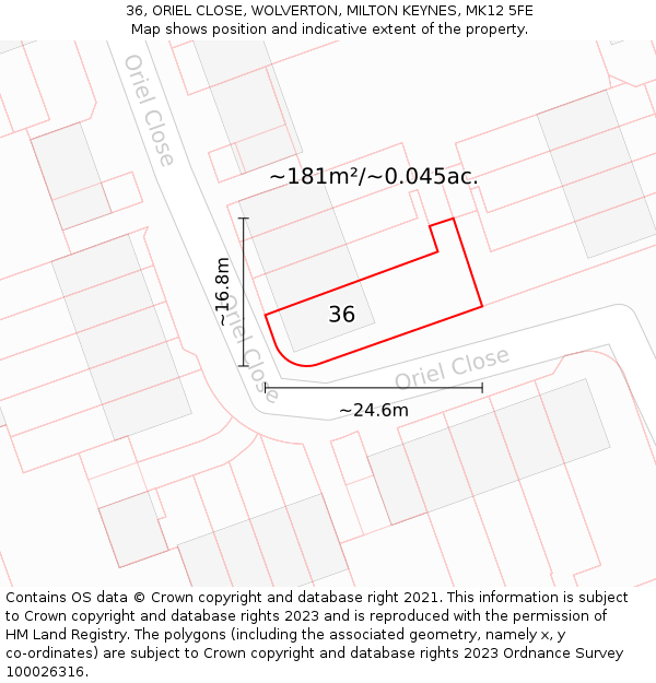 36, ORIEL CLOSE, WOLVERTON, MILTON KEYNES, MK12 5FE: Plot and title map