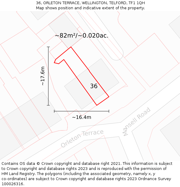 36, ORLETON TERRACE, WELLINGTON, TELFORD, TF1 1QH: Plot and title map
