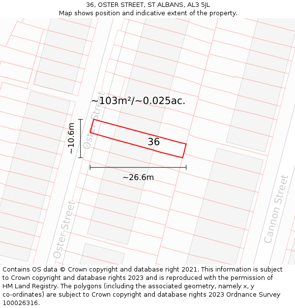 36, OSTER STREET, ST ALBANS, AL3 5JL: Plot and title map