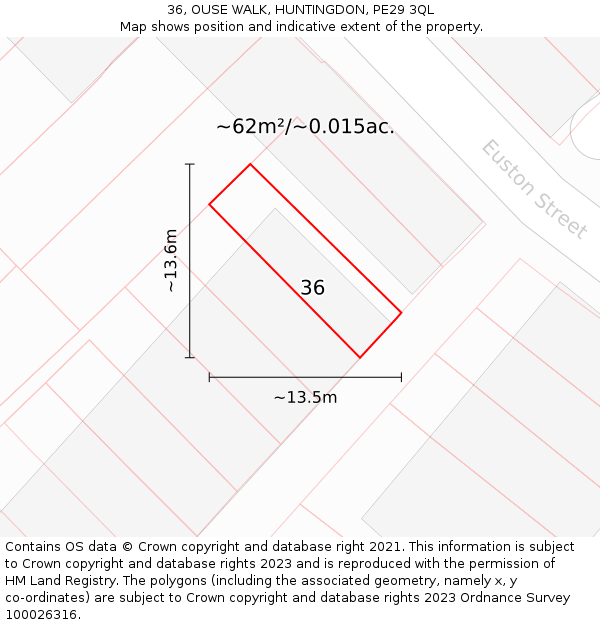 36, OUSE WALK, HUNTINGDON, PE29 3QL: Plot and title map