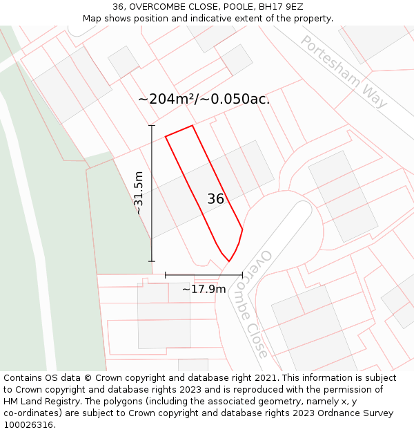 36, OVERCOMBE CLOSE, POOLE, BH17 9EZ: Plot and title map