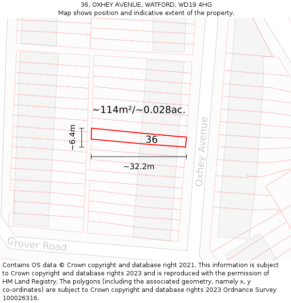 36, OXHEY AVENUE, WATFORD, WD19 4HG: Plot and title map